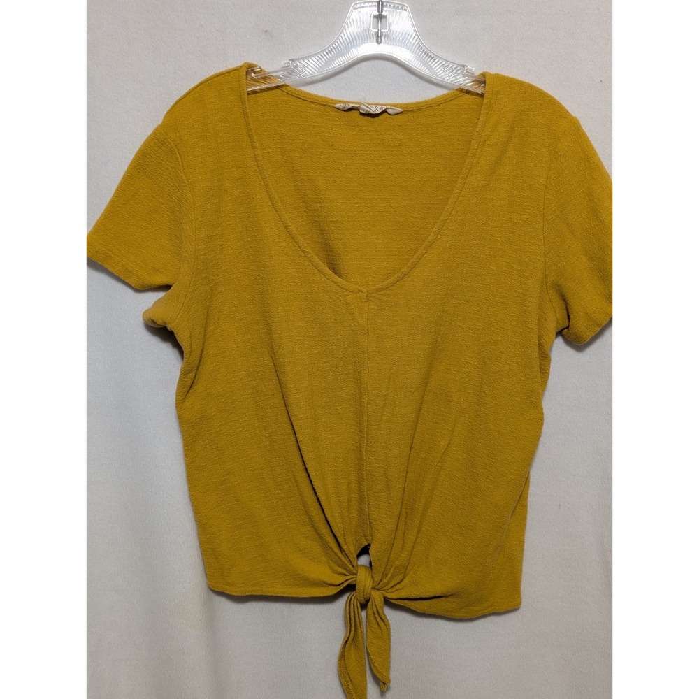 Vanilla Star Mustard Yellow Tie Front V-Neck Short Sleeve Textured Top Large